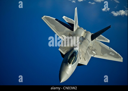 Un rapitore della Guardia Nazionale dell'aria delle Hawaii F-22 dal 199th Fighter Squadron, Joint base Pearl Harbor-Hickam, Hawaii ritorna alla missione di addestramento dopo aver preso il carburante da uno Squadron KC-135 Stratotanker rifornimento aria il 27 marzo 2012, sul Pacifico vicino alle isole hawaiane. Durante questa missione di rifornimento, i cadetti dell'Air Force Academy, in primavera, hanno ricevuto un volo di familiarizzazione per offrire ai cadetti una migliore comprensione delle capacità globali dell'Air Force. Foto Stock