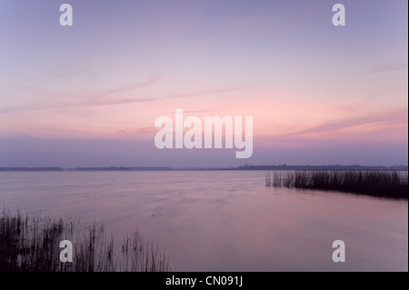 Tramonto sull'acqua con rosa chiaro cielo Foto Stock