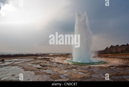 Strokkur, una fontana geyser nell'area geotermale accanto al fiume Hvítá in Islanda che esplode in alto l'aria. Foto Stock