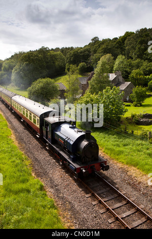 Regno Unito, Cumbria, Lakeside e Haverthwaite vapore ferroviarie tirato Treno in avvicinamento a Newby Bridge station Foto Stock