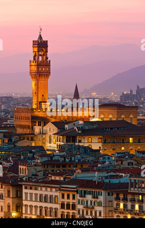 Firenze, Palazzo Vecchio al tramonto Foto Stock