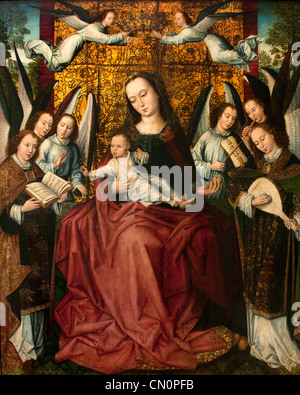 Vergine e bambino St James St Dominic che presenta i donatori e la loro famiglia Vergine di Jacques Floreins 1490 Hans Memling tedesco, Germania, Foto Stock