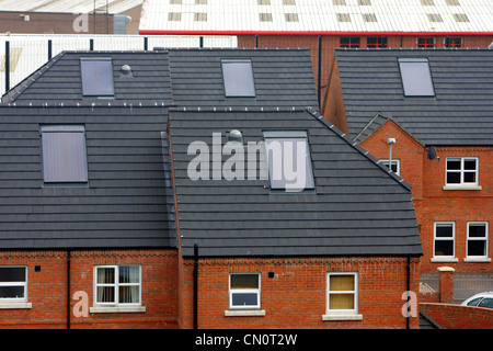 Riscaldamento di acqua solare pannelli installati nella nuova sede sociale nella parte occidentale di Belfast, Irlanda del Nord Regno Unito Foto Stock