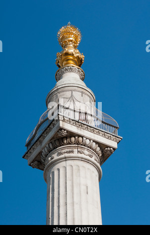 La parte superiore del monumento con la sua fiamma dorata per commemorare il grande incendio di Londra nel 1666. Londra. In Inghilterra. Foto Stock