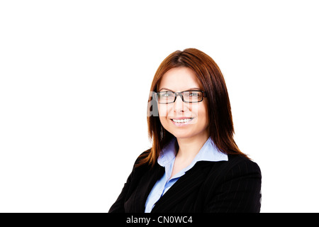 Sorridente business donna indossa occhiali su sfondo bianco Foto Stock