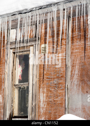 Ghiaccioli che pendono dal tetto di una casa Foto Stock