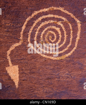 Un antico petroglyph a spirale datato da circa 1000-1350 A..D. si trova nel Parco Nazionale della Foresta Pietrificata, Arizona Foto Stock