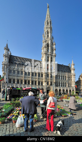 Pressione di stallo di fiori nella parte anteriore del Bruxelles Municipio presso la Grand Place / Grote Markt, Belgio Foto Stock