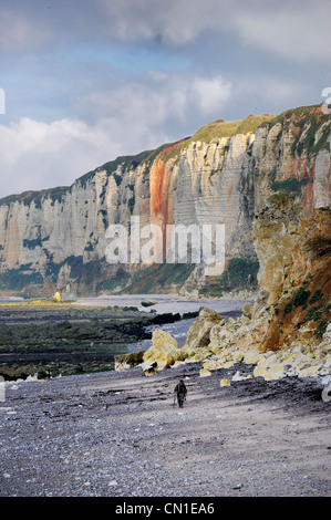 Francia, Seine Maritime, Cote d'Alabastro (costa di alabastro), Yport, un pescatore di camminare sulla spiaggia con la bassa marea sotto le rocce Foto Stock