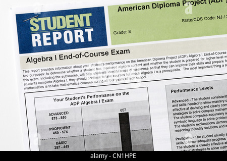 Studente Cliente report per un fine naturalmente stato standard test di algebra. Lo studente ha notato nella gamma avanzata. Foto Stock