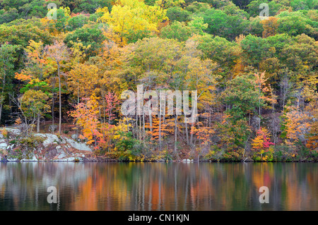 Bear Mountain con il fiume Hudson in autunno con foglie colorate e acqua di riflessione. Foto Stock