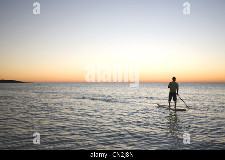 L'uomo Paddleboarding sull Oceano al Sunrise, Florida Keys, STATI UNITI D'AMERICA Foto Stock