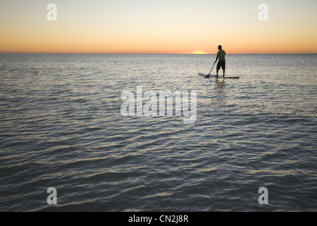 L'uomo Paddleboarding sull Oceano al Sunrise, Florida Keys, STATI UNITI D'AMERICA Foto Stock