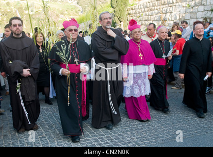 Il Patriarca Latino di Gerusalemme Fouad Twal prendere parte nella processione della Domenica delle Palme a Gerusalemme Foto Stock