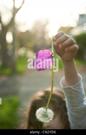 Ragazza con orologio di dente di leone Foto Stock