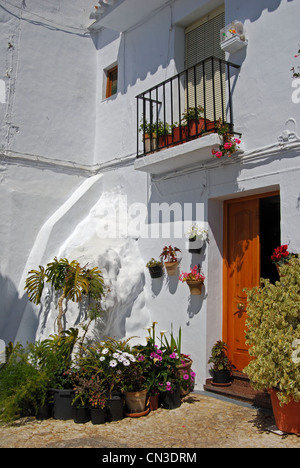 Ingresso a un angolo townhouse, Frigiliana, provincia di Malaga, Andalusia, Spagna, Europa occidentale. Foto Stock