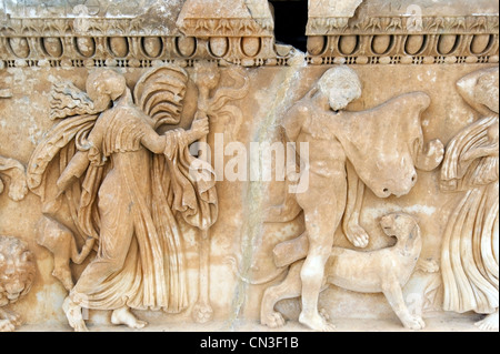 Vista al museo della scultura del dettaglio predisposto trovati su un sarcofago di marmo o dal greco o di periodo romano. Foto Stock