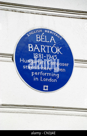 English Heritage targa blu segna la casa dove Bela Bartok alloggiato quando si esegue a Londra. Foto Stock