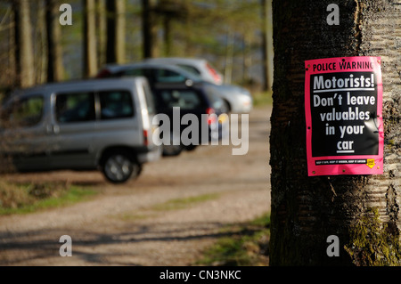 Polizia segno di avvertimento su un albero Foto Stock