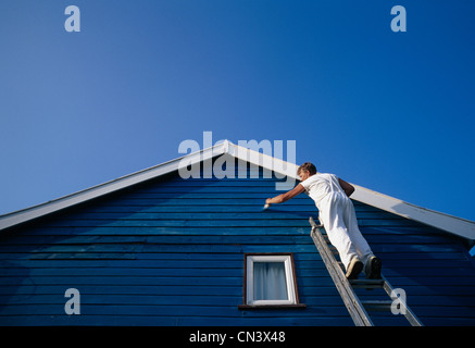 Un uomo della pittura la weatherboarding di una casa Foto Stock