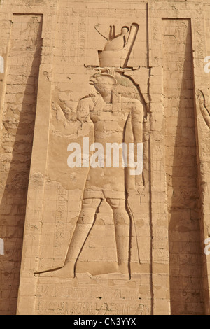 Egitto - di Edfu, il Tempio di Horus, rilievo di Horus su uno dei piloni del Tempio di Edfu Foto Stock