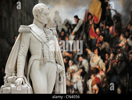 Statua di Re Leopoldo I e la verniciatura di episodio della rivoluzione belga del 1830 nel Museo di Arte Antica, Bruxelles, Belgio