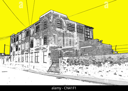 Cielo colorato dietro deadpan e brutto industriale edifici britannici dal nord dell'Inghilterra. Foto Stock