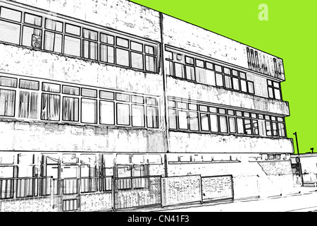 Cielo colorato dietro deadpan e brutto industriale edifici britannici dal nord dell'Inghilterra. Foto Stock