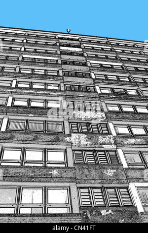 Cielo colorato dietro deadpan e brutto industriale edifici britannici dal nord dell'Inghilterra. Foto Stock