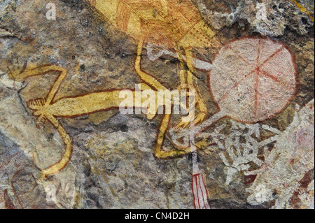 Australia, Territorio del Nord di Arnhem Land, mont Borradaile, Max Davidson Camp, aborigeni sito sacro, arte Maggiore area di roccia Foto Stock