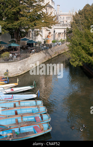 Ormeggiate barche a remi a noleggio sul fiume Cherwell, Oxford, Regno Unito Foto Stock