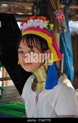 Un giovane Kayan Lahwi ragazza a Karen lungo collo hill tribe village, provincia di Chiang Rai, Thailandia Foto Stock