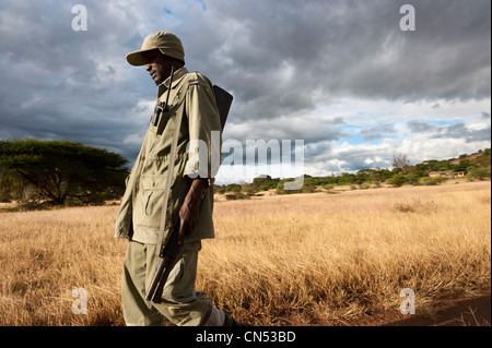 Tanzania, Regione di Arusha, paese Maasai, Ndarakwai riserva al fondo del Kilimanjaro, safari a piedi con un armati Foto Stock