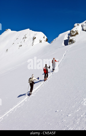 Francia, Savoie, Massif de la Vanoise, La Valle Tarentaise, 3 Vallees ski area, Méribel, sci fuoripista sul ghiacciaio du Foto Stock