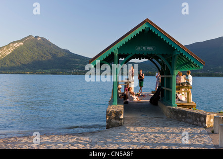 Francia, Haute Savoie, Menthon Saint Bernard, il lago di Annecy, pontile della marina e il picco di viti in musica Foto Stock