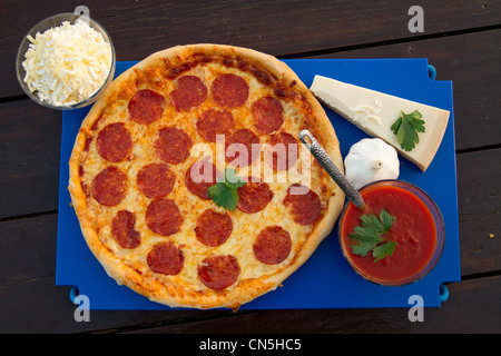 Top down shot di una salsiccia per pizza pizza con una selezione se gli ingredienti tra cui i formaggi, un spicchio di aglio e salsa di pomodoro. Foto Stock