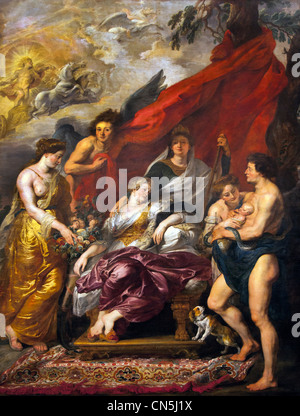 La nascita del delfino ( il re Luigi XIII) a Fontainebleau - Regina Maria de' Medici, vedova del re Enrico IV di Francia, da Peter Paul Rubens Belgio Foto Stock