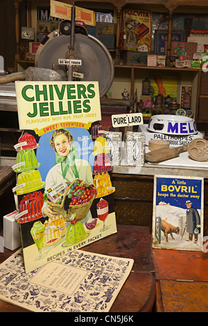 Museo di display 1920s general store con cartelli pubblicitari per Chivers Gelatine e Bovril, Abergavenny, Wales, Regno Unito Foto Stock