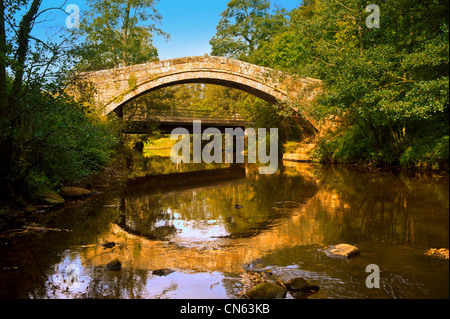 Mendicanti di ponte (1620) Glaisdale oltre il fiume Esk. North Yorkshire National Park, North Yorkshire, Inghilterra Foto Stock