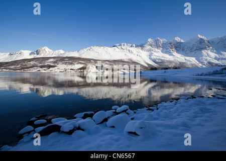 Alpi lyngen attraverso sorfjorden vicino lakeselvdalen troms in Norvegia Foto Stock