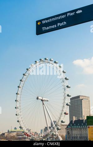 Segno posto dirigere a famose attrazioni turistiche, con il London Eye sullo sfondo . Foto Stock