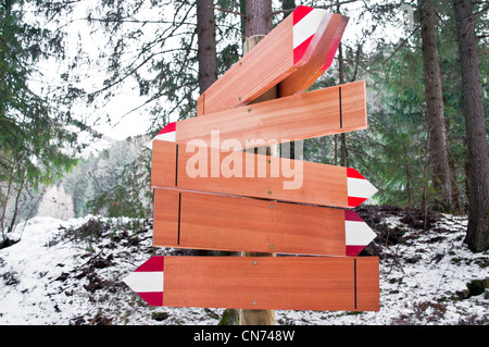 Sentiero freccia vuota segni di legno in un modo paesaggio invernale Foto Stock