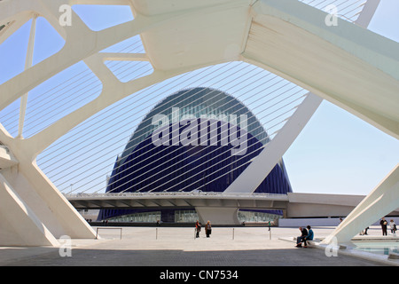 Museo della scienza, l'Agora e Santiago Calatrava di L'Assut de D'o ponte alla Città delle Arti e delle Scienze di Valencia Spagna Foto Stock