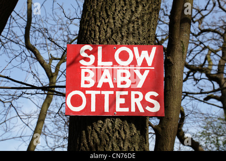 Un segno che richiede i piloti a rallentare per baby lontre vicino al RSPB Centro Natura in Lochwinnoch, Renfrewshire, Regno Unito Scozia Foto Stock