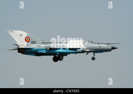 Romanian Air Force MiG-21 jet da combattimento a Kecskemet Air Show Foto Stock