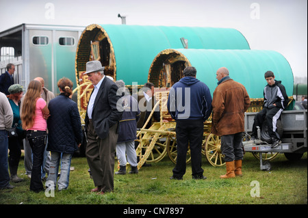 Famiglie ammirare un altamente decorativo cavallo caravan o rimorchio zingaro alla Stow-su-il-Wold fiera cavalli Maggio 2009 REGNO UNITO Foto Stock