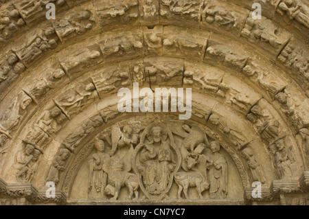 Spagna, Navarra, Estella fermata su El Camino de Santiago, San Miguell chiesa, datato secoli XII e XIII, ornemental dettagli del Foto Stock