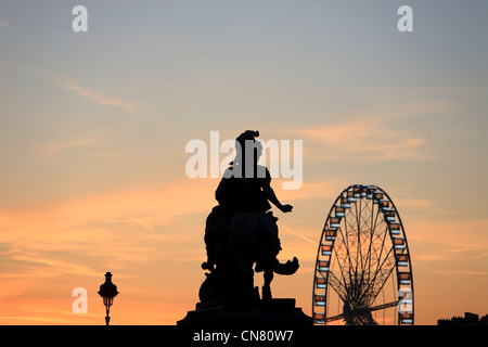 Francia, Parigi, la statua equestre di Luigi XIV in Cour Napoleone del museo del Louvre e la grande ruota nel Jardin des Foto Stock