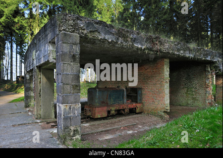 La Seconda Guerra mondiale i trasporti locomotiva nel bunker a V1 sito di lancio per lanciare bombe volanti, Ardouval / Val Ygot, Normandia, Francia Foto Stock