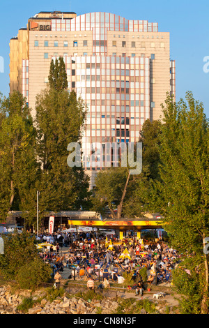 Austria, Vienna, Hermann Park, la giunzione tra il fiume di Vienna e il Canale del Danubio, bar Strandbar Herrmann, con la spiaggia Foto Stock